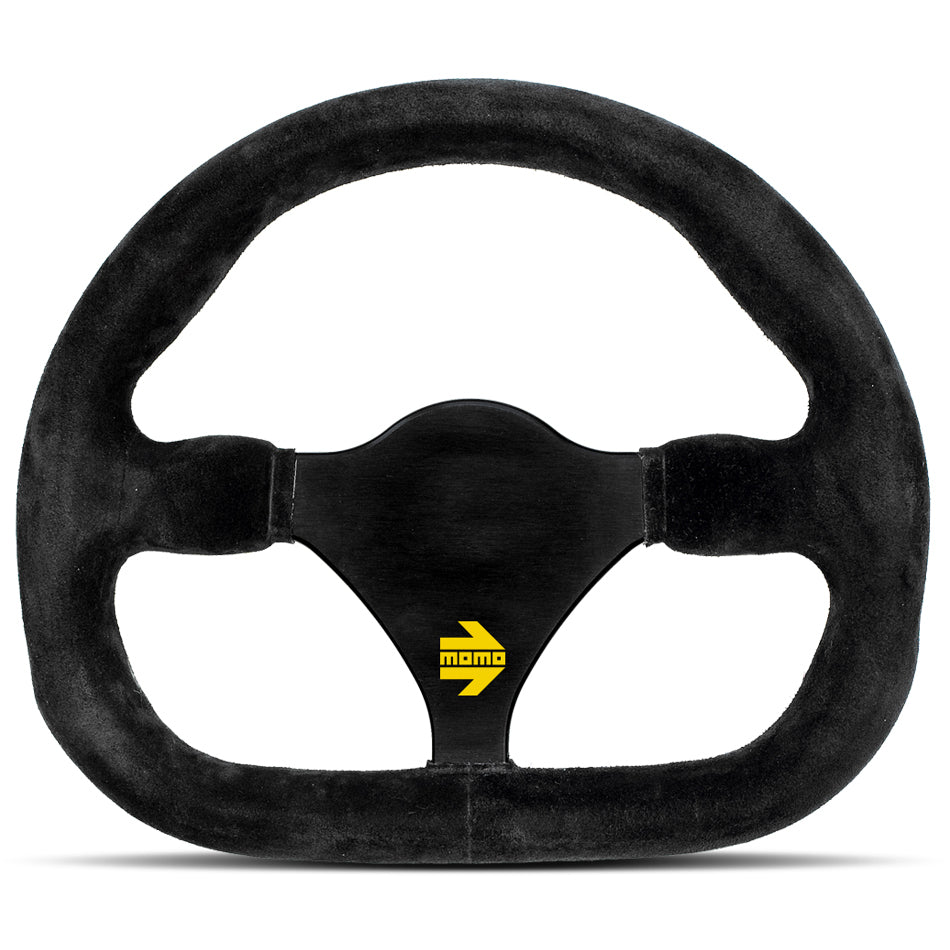MOMO Automotive Accessories R1925/29S MOD 27 Steering Wheel with 290mm Diameter, D-Shaped Flat Design, 3-Spoke Black Suede Grip, Aluminum Construction, Black Anodized Finish