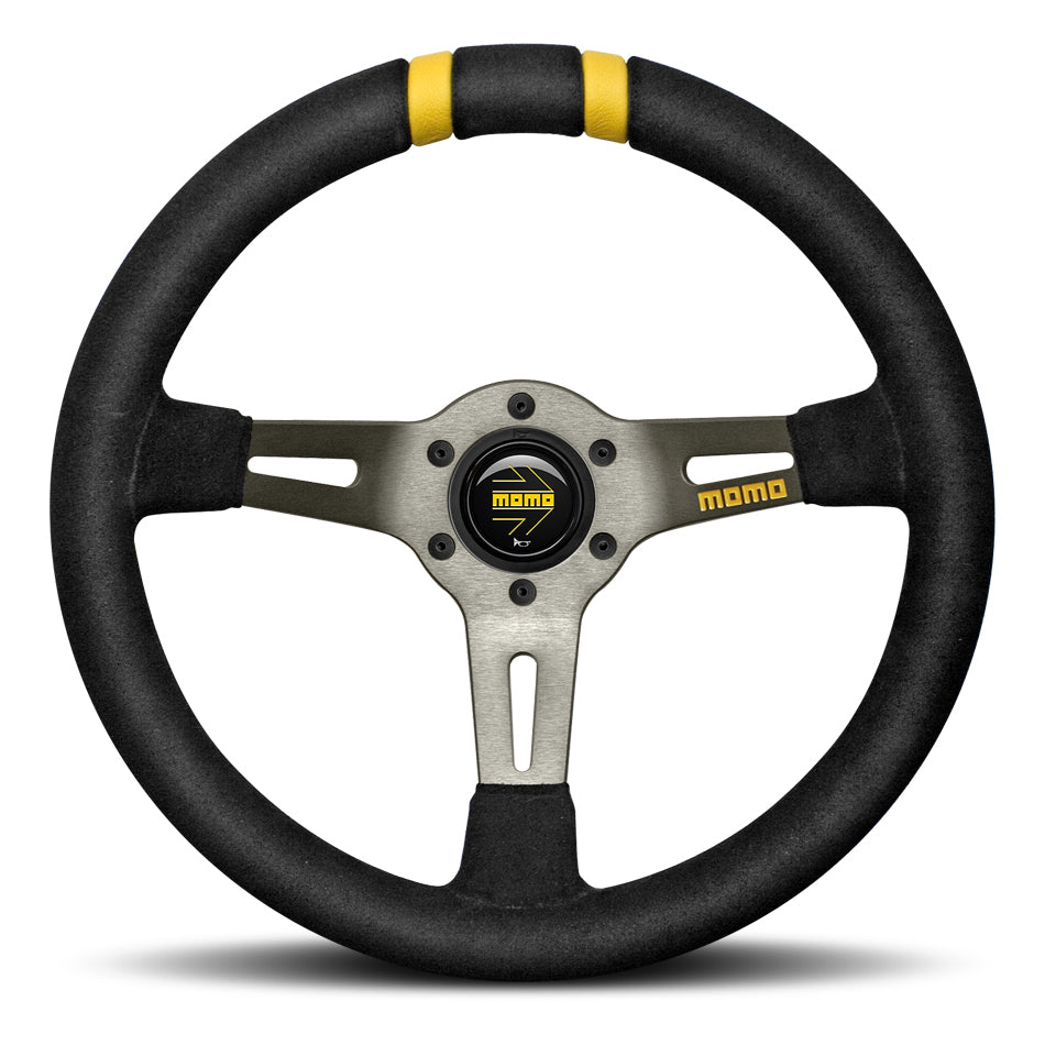 MOMO Automotive Accessories Mod Drift Steering Wheel, 330mm Diameter, Black Suede Grip, 3-Spoke Aluminum Construction with Gray Anodized Finish