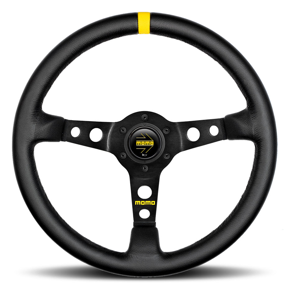 MOMO Automotive Accessories MOD 07 Steering Wheel Black Leather 350mm Diameter with Yellow Stripe and Aluminum Construction