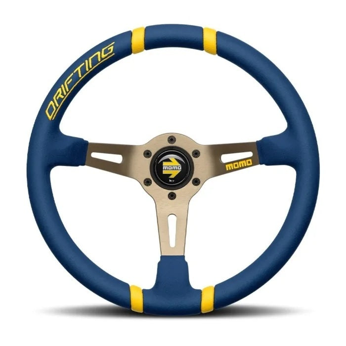 MOMO Automotive Accessories R1911/35MBL Drifting Blue 350mm Diameter 3-Spoke Steering Wheel with Aluminum Brushed Finish and Microfiber Grip