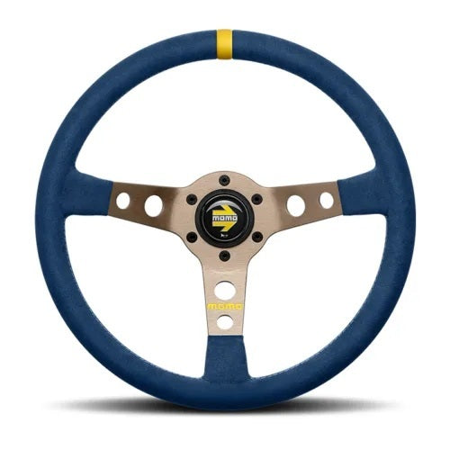 MOMO Automotive Accessories R1905/35MBL MOD.07 Microfiber Steering Wheel, 350mm Diameter, Blue Microfiber Grip with Yellow Stripe, Brushed Aluminum Spokes