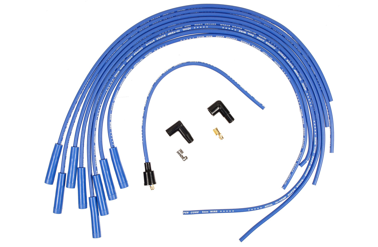 Accel 4038B Super Stock Spiral Core 8mm Blue Spark Plug Wire Set with Straight Plug Boots for V8 Engines