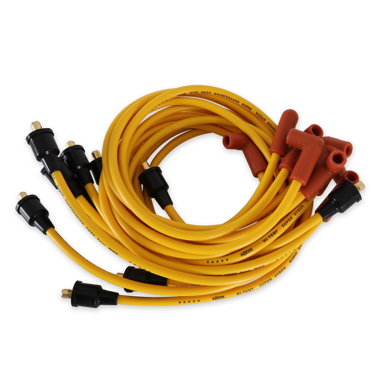 Accel S/S Custom Wire Set Part 4042 for GM 5.0L and 5.7L Engines, 8mm Spiral Core, Yellow, Factory Style Boots and Terminals
