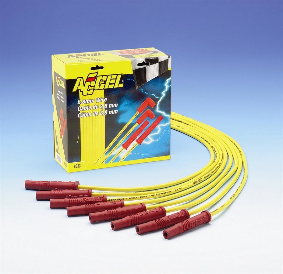 Accel 8033 Spark Plug Wire Set, 8.8mm Spiral Core, Yellow, Straight Plug Boots, HEI Style Terminals, Cut-To-Fit for V8 Engines