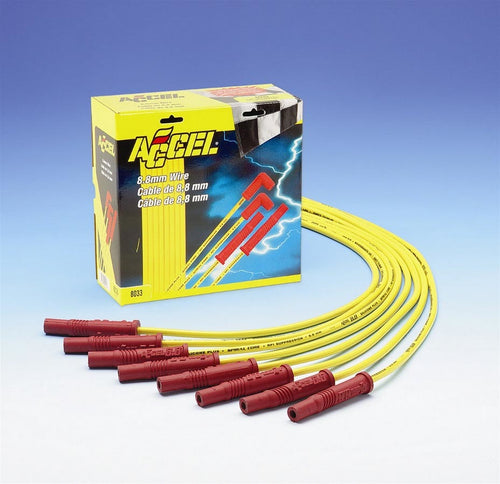 Accel 8033 Spark Plug Wire Set, 8.8mm Spiral Core, Yellow, Straight Plug Boots, HEI Style Terminals, Cut-To-Fit for V8 Engines