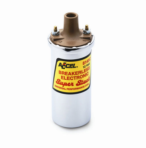 Accel 8145C SS Breakerless Electric Ignition Coil with Chrome Canister and Oil Fill, 0.700 Ohm, Female Socket, 45,000 Volts