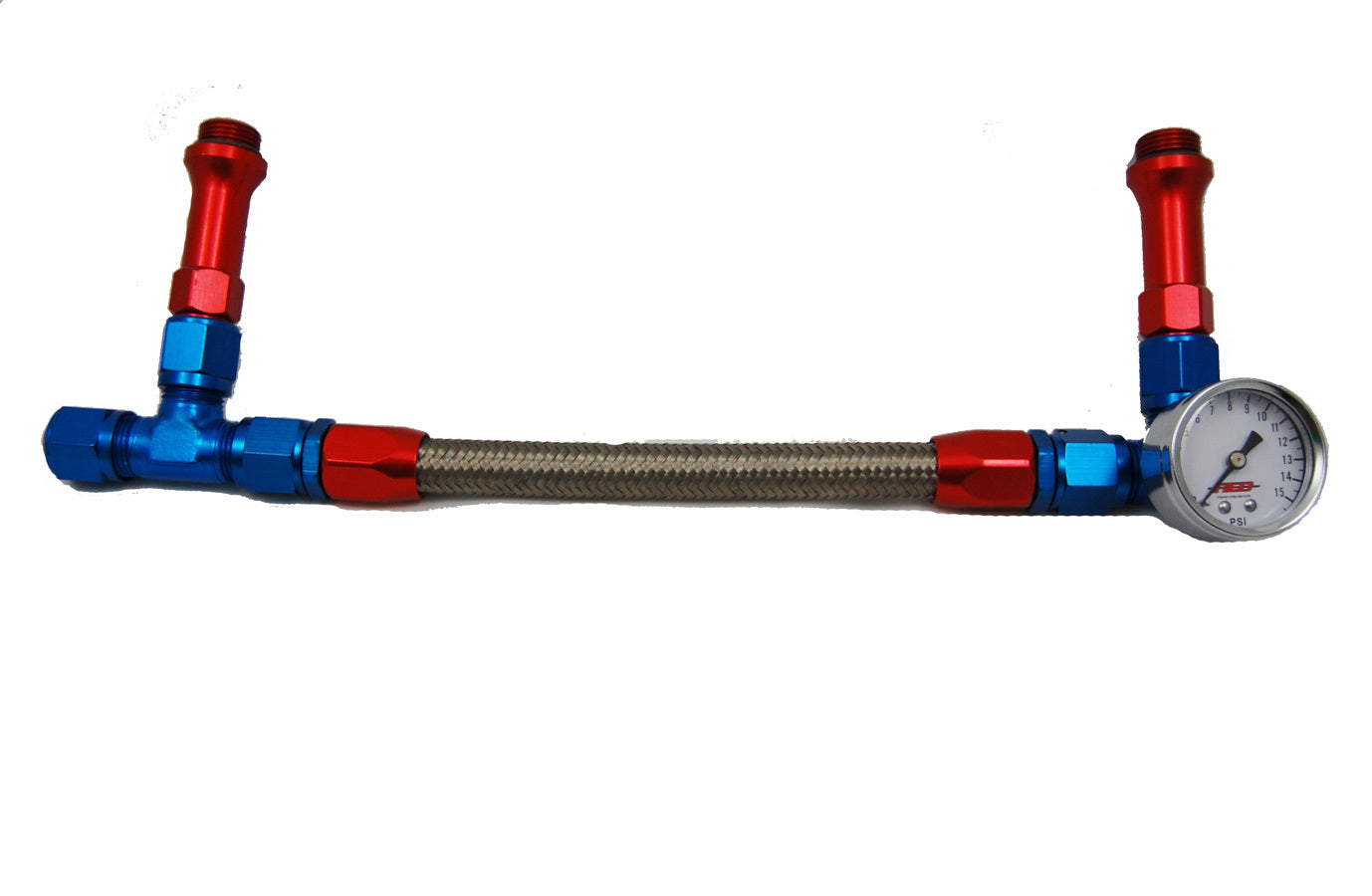 Advanced Engine Design AED6096 Holley 4150 Braided Fuel Line with Gauge, 6 AN Male Inlet, Dual 7/8-20 Male Outlets, Stainless Steel Braided Hose, Blue, Red, Silver