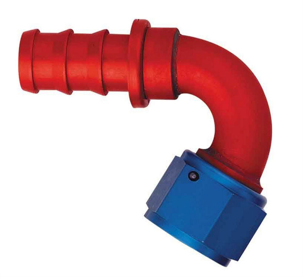 Aeroquip FCM1545 #12 120 Degree Socketless Hose End Fitting with 12 AN Female and Hose Barb in Aluminum Blue and Red Anodized