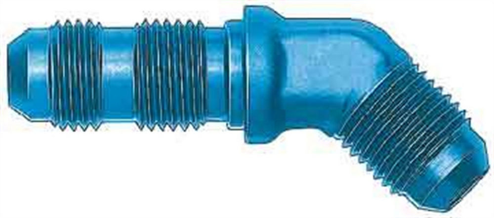 Aeroquip FCM2893 45 Degree Bulkhead Union Fitting - 3 AN Male to 3 AN Male Aluminum Blue Anodized