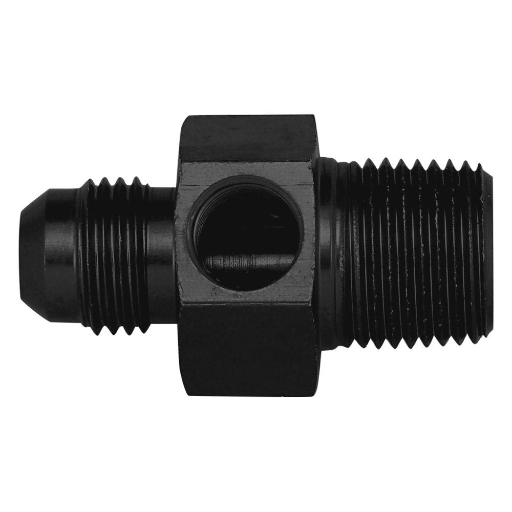 AEROQUIP FCM5277 6AN to 3/8 Inch NPT Adapter Fitting with 1/8 Inch NPT Gauge Port, Aluminum, Black Anodized