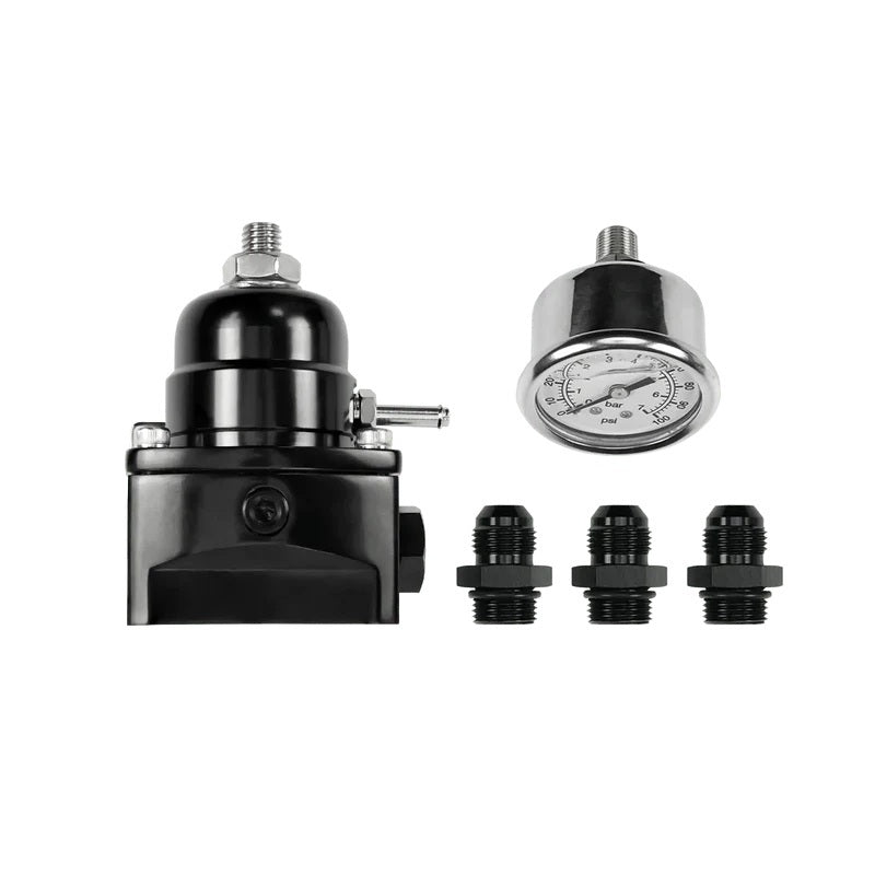 ACES Fuel Injection AF2018G In-Line Fuel Pressure Regulator with Gauge, 40 to 75 PSI, Black Anodized Finish, 6 AN Female O-Ring Connections, 1/8 Inch NPT Port, Compatible with Gas, E85, and Methanol