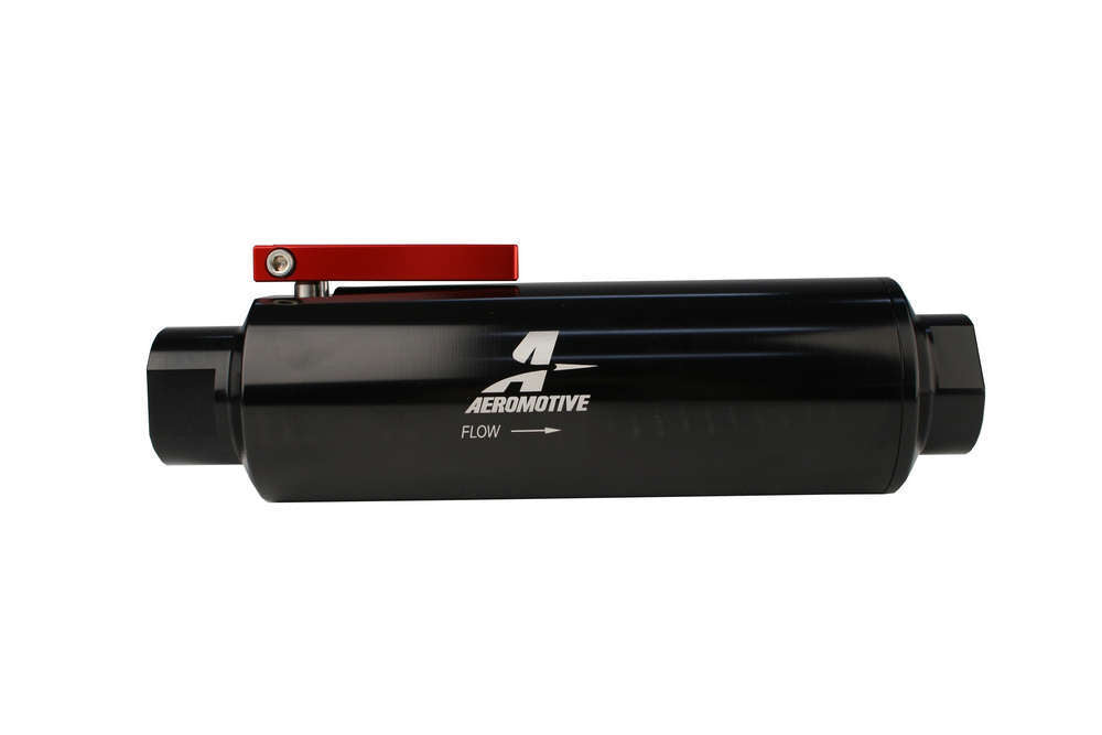 AEROMOTIVE Fuel Filter with Shut-Off Valve 12AN - 100 Micron Stainless Element, Aluminum Black Anodized