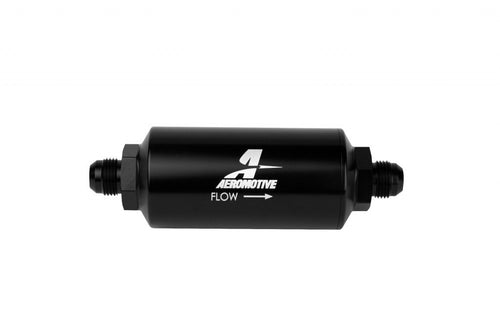AEROMOTIVE 12345 Inline Fuel Filter, 10 Micron Microglass Element, 6 AN Male Inlet, 6 AN Male Outlet, Aluminum, Black Anodized
