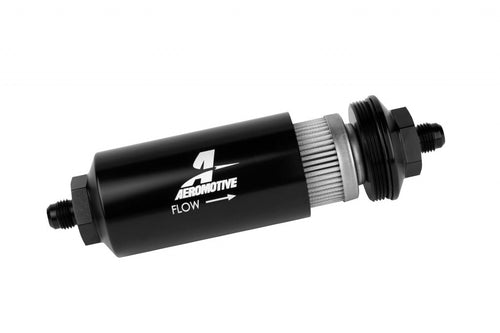 AEROMOTIVE 12348 6AN Inline Fuel Filter 40 Micron Stainless Steel Element Black Anodized Aluminum