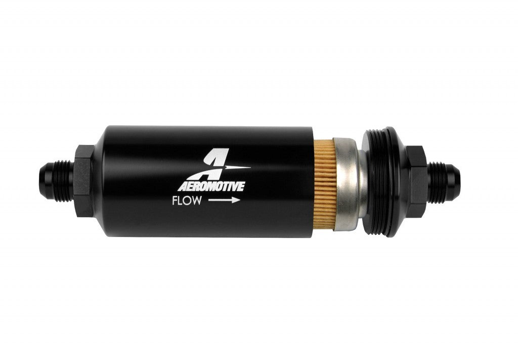 AEROMOTIVE 12377 In-Line Fuel Filter, 10 Micron, 8 AN Male Inlet and Outlet, Aluminum Black Anodized, 2-Inch Diameter