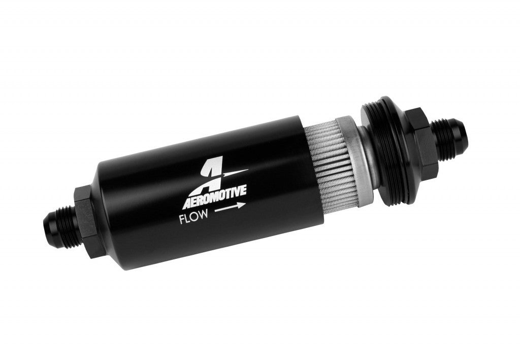 AEROMOTIVE 12378 Inline Fuel Filter, 40 Micron, 8 AN Male Inlet and Outlet, Stainless Element, Black Anodized Aluminum