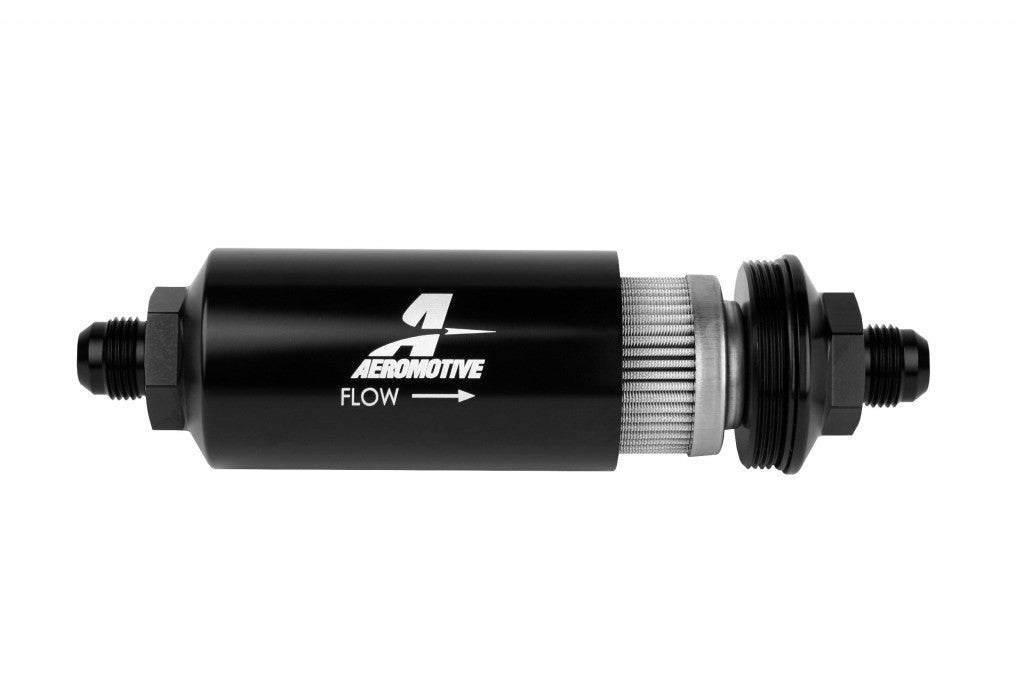 AEROMOTIVE 12379 8AN Inline Fuel Filter 100 Micron Stainless Steel Element Black Anodized Aluminum