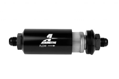 AEROMOTIVE 12379 8AN Inline Fuel Filter 100 Micron Stainless Steel Element Black Anodized Aluminum