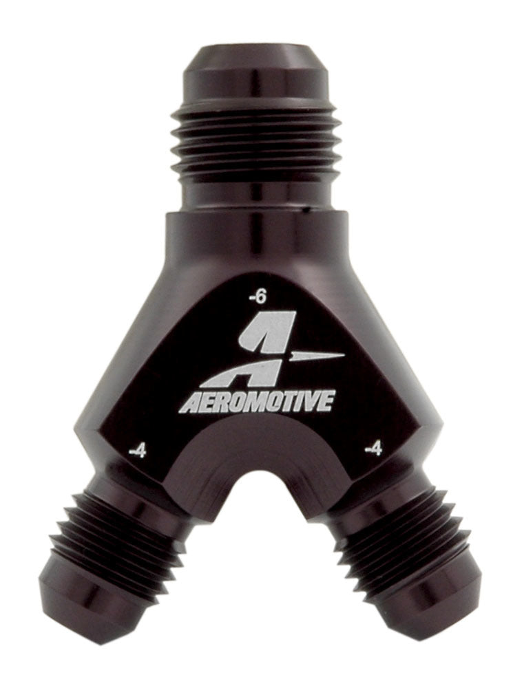 Aeromotive Y-Block Fitting 15671 - 6AN Male Inlet with Dual 4AN Male Outlets Aluminum Black Anodized