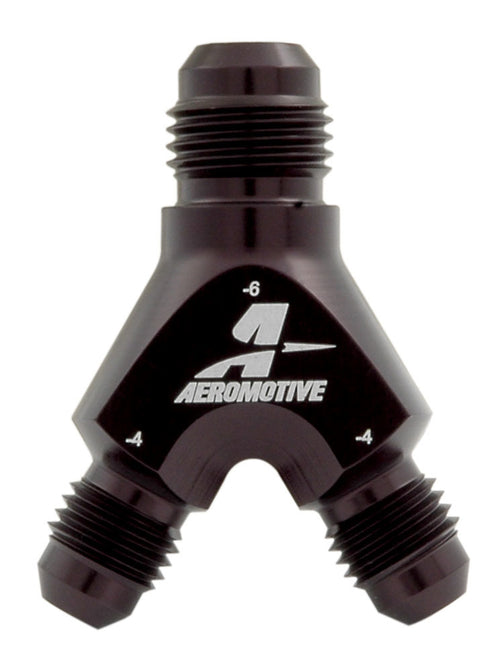 Aeromotive Y-Block Fitting 15671 - 6AN Male Inlet with Dual 4AN Male Outlets Aluminum Black Anodized