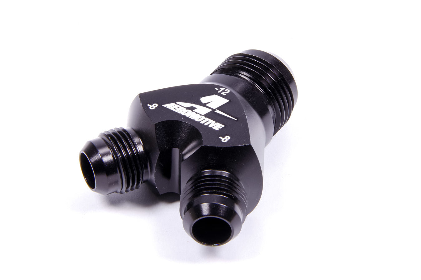 AEROMOTIVE 15677 Y-Block Fitting with 12 AN Male Inlet and Dual 8 AN Male Outlets, Aluminum, Black Anodized