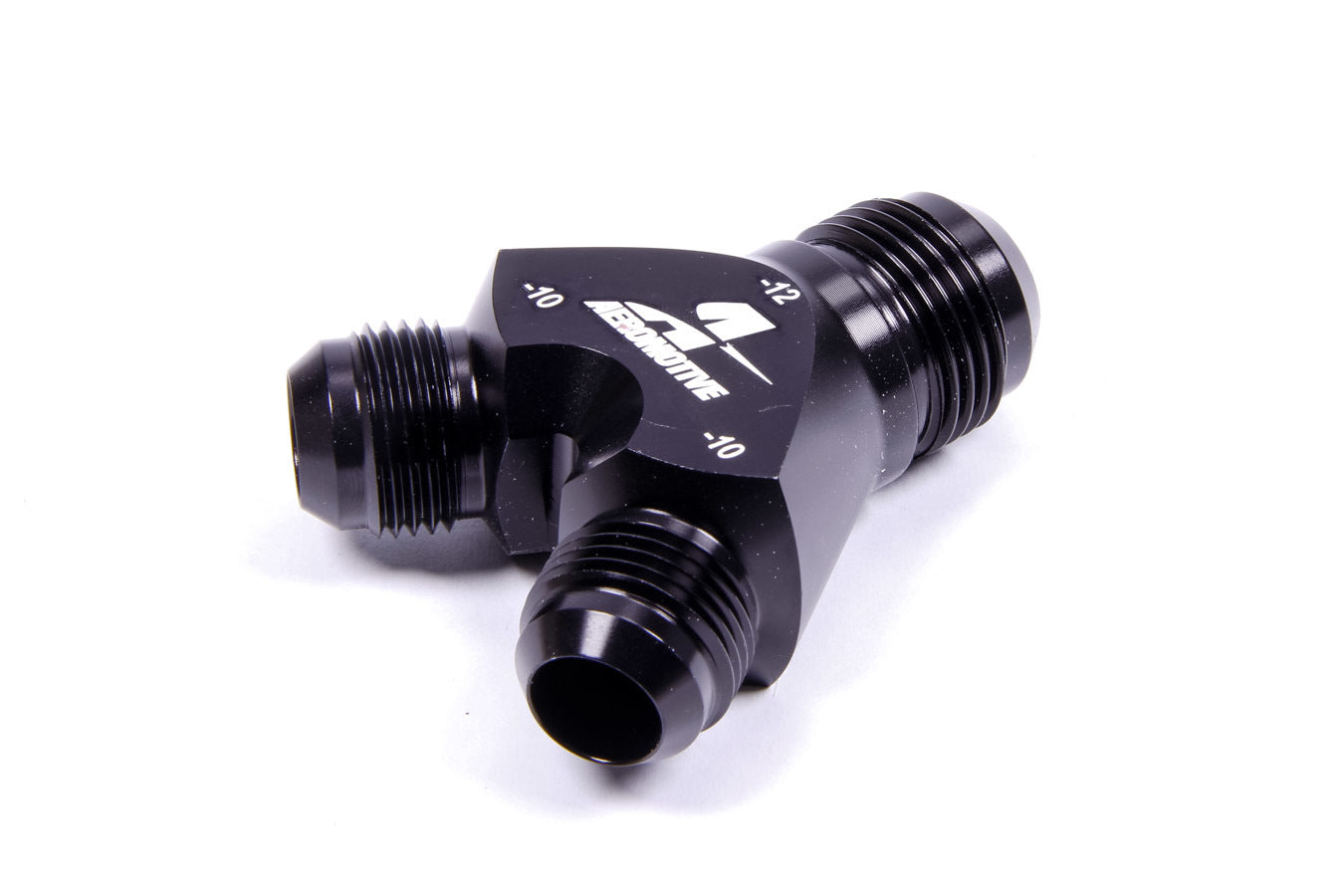 Aeromotive Y-Block Fitting Part Number 15678 with 12AN Male Inlet and Dual 10AN Male Outlets in Aluminum Black Anodized
