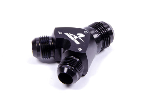 Aeromotive Y-Block Fitting Part Number 15678 with 12AN Male Inlet and Dual 10AN Male Outlets in Aluminum Black Anodized