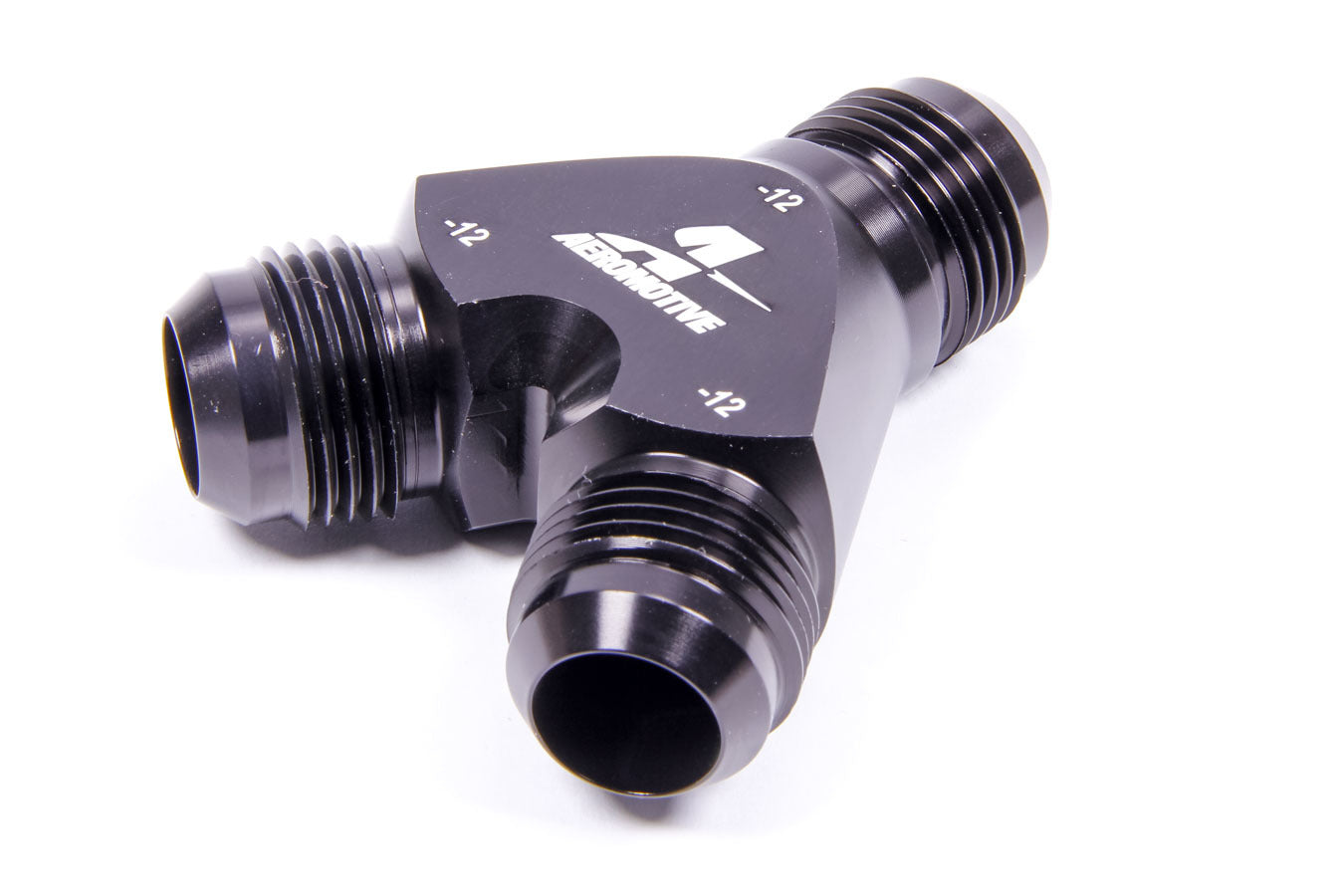 AEROMOTIVE 15679 Y-Block Fitting with 12 AN Male Inlet and Dual 12 AN Male Outlets in Black Anodized Aluminum