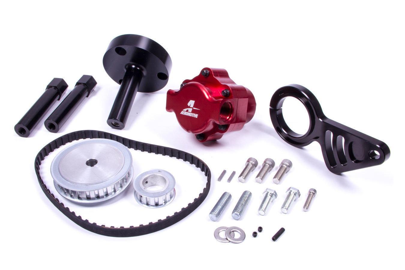 AEROMOTIVE BBC Belt Pump Kit - Lower Left with Billet Belt Drive, Red Finish, In-Line Design, 10 AN Female O-Ring Inlet and Outlet, Includes Bracket, Pulley, and Belt for Big Block Chevy Engines