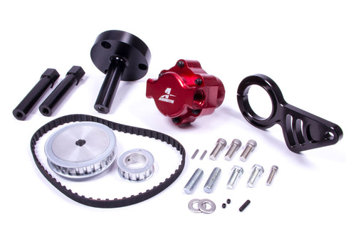 AEROMOTIVE BBC Belt Pump Kit - Lower Left with Billet Belt Drive, Red Finish, In-Line Design, 10 AN Female O-Ring Inlet and Outlet, Includes Bracket, Pulley, and Belt for Big Block Chevy Engines