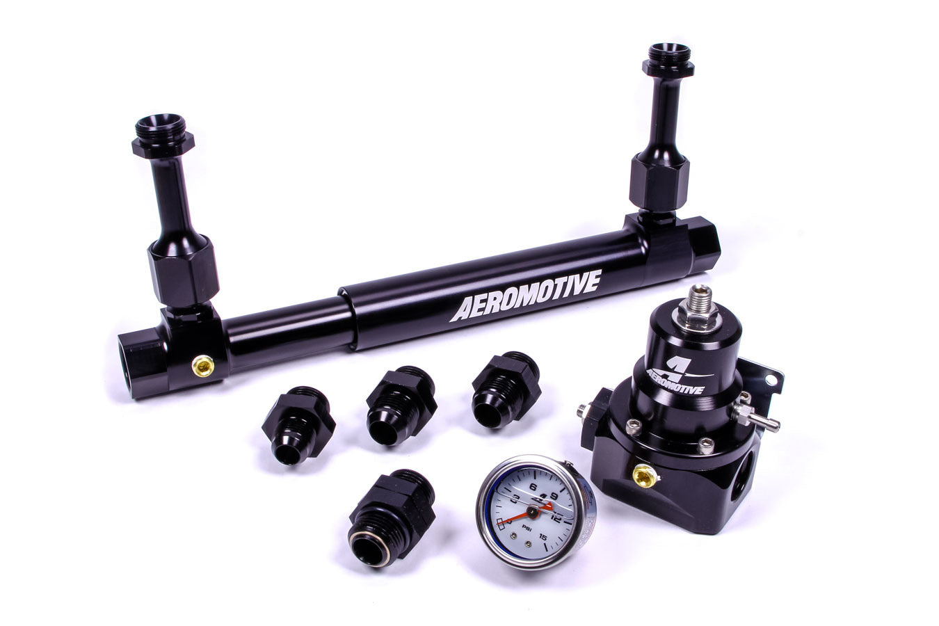 AEROMOTIVE Fuel Log with 13214 2-Port Regulator and Gauge, 10 AN Female Inlet and Outlet, Aluminum, Black Anodized