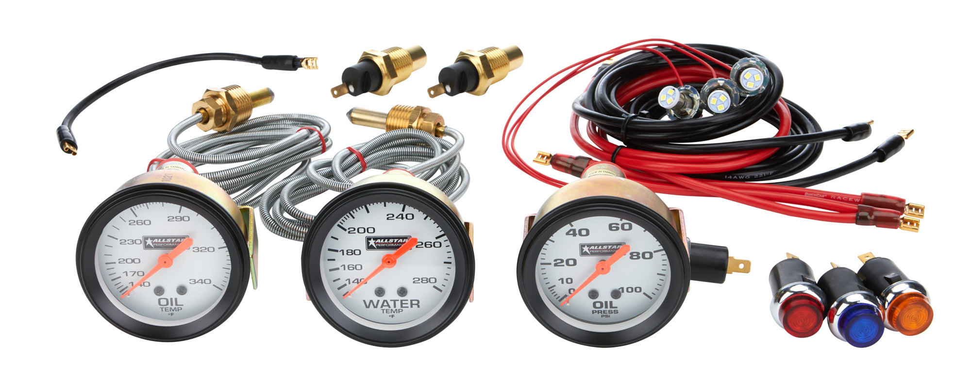 Allstar Performance 80081 Oil Pressure, Water Temperature, and Oil Temperature Gauge Kit with White Face and Warning Light