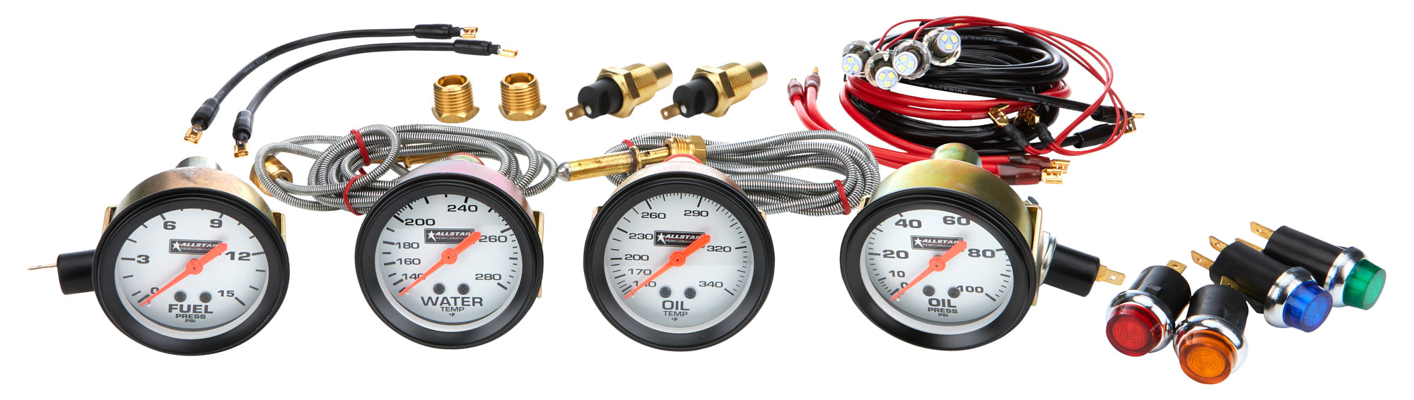 Allstar Performance ALL80083 4 Gauge Oil Pressure, Water Temperature, Oil Temperature, Fuel Pressure Gauge Kit with White Face and Warning Light