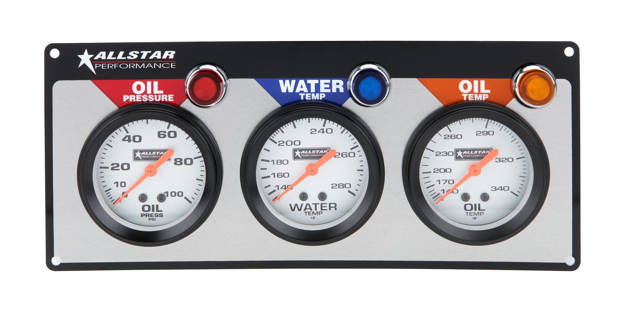 Allstar Performance ALL80091 Gauge Panel Assembly with Oil Pressure, Oil Temperature, and Water Temperature Gauges, 2-5/8 Inch Silver Face with Warning Light Kit