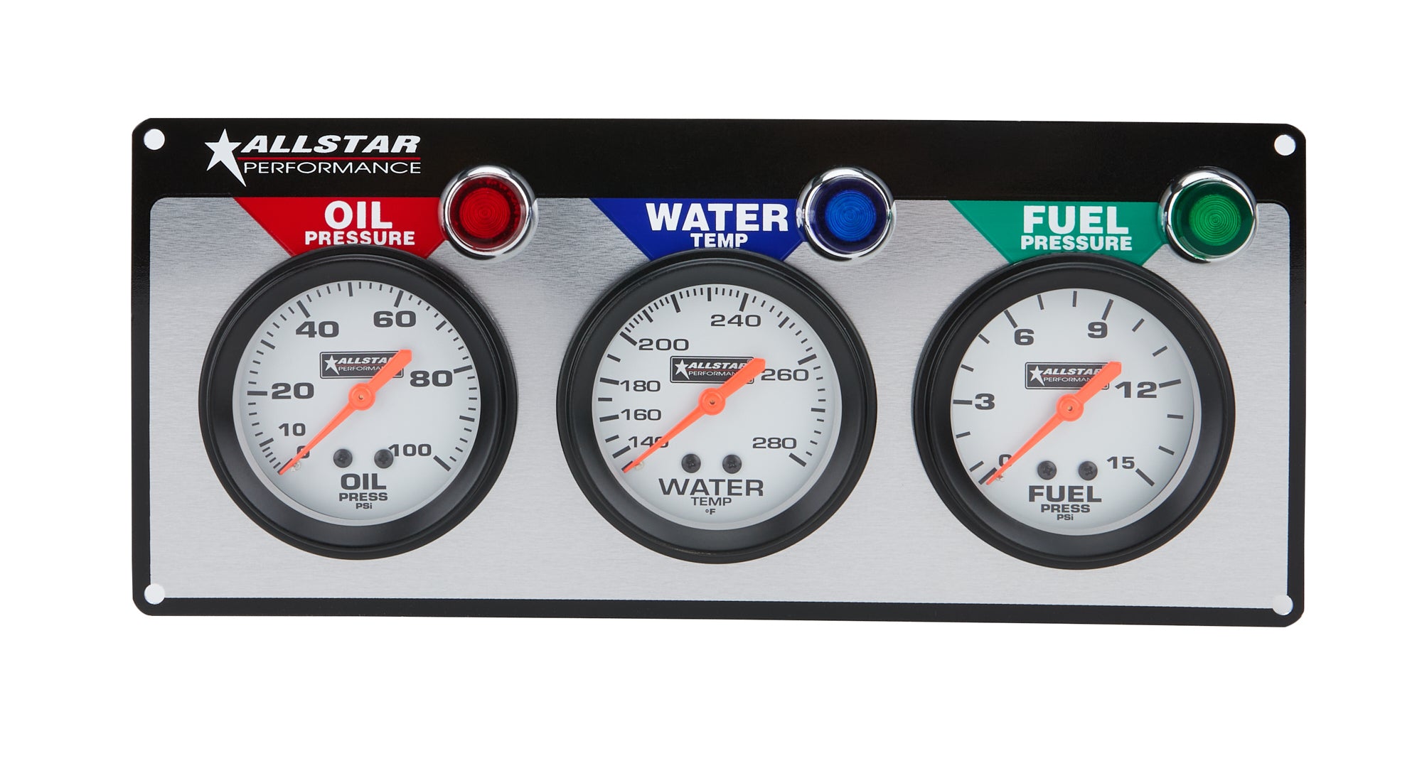 Allstar Performance ALL80092 Gauge Panel Assembly with Fuel Pressure, Oil Pressure, and Water Temperature Gauges, 2-5/8 Inch Diameter, Silver Face, Warning Light Kit