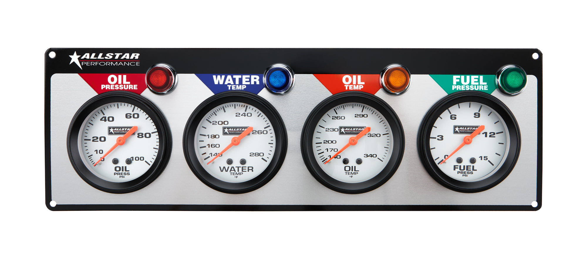 Allstar Performance ALL80093 Gauge Panel Assembly with Fuel, Oil, Water, and Oil Temperature Gauges, 2-5/8 Inch Silver Face with Warning Light