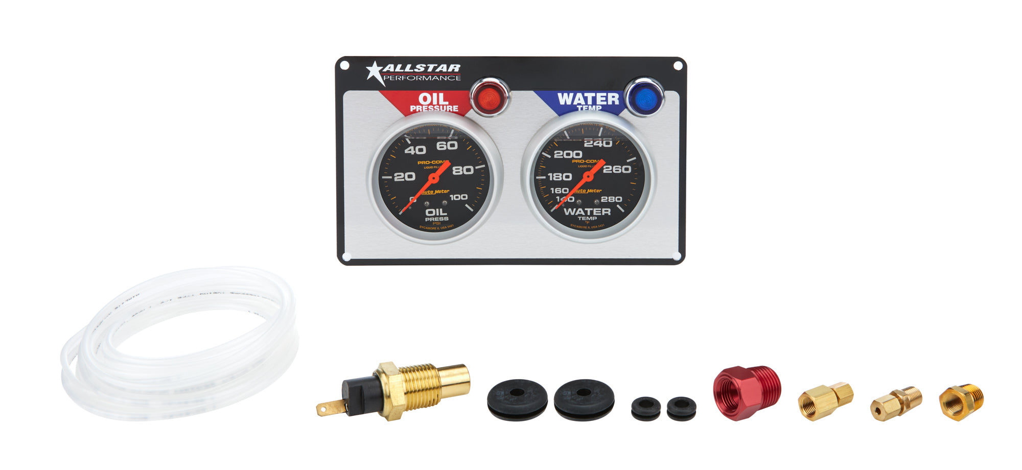 Allstar Performance ALL80120 Gauge Panel Assembly with Oil Pressure and Water Temperature Gauges, 2-5/8 Inch Diameter, Black Face with Warning Light