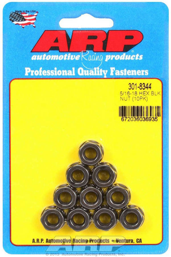 ARP Hex Nut Kit with Flange 5/16-18 Thread, 1/2 Inch Hex Head, Chromoly Steel, Black Oxide Finish, Pack of 10