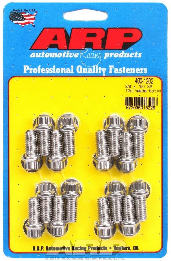 ARP 400-1202 Stainless Steel Header Bolt Kit for Big Block Chevy and Ford, 3/8-16 Thread, 0.75 Inch Length, 12-Point Head, Polished Finish, Set of 16