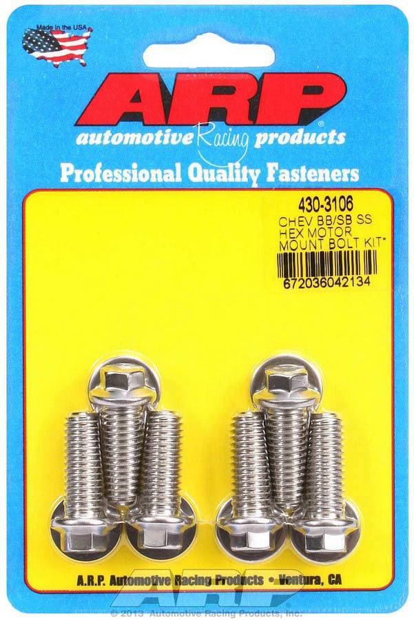ARP 430-3106 Motor Mount Bolt Kit for Chevrolet V6 and V8 Engines, Stainless Steel, Polished Hex Head, Set of 6