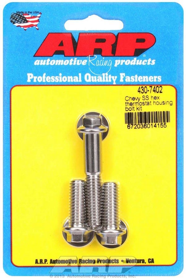 ARP 430-7402 Thermostat Housing Bolt Kit for GM V6 and V8 Engines, 3/8 Inch Male Thread, Stainless Steel, Polished Finish