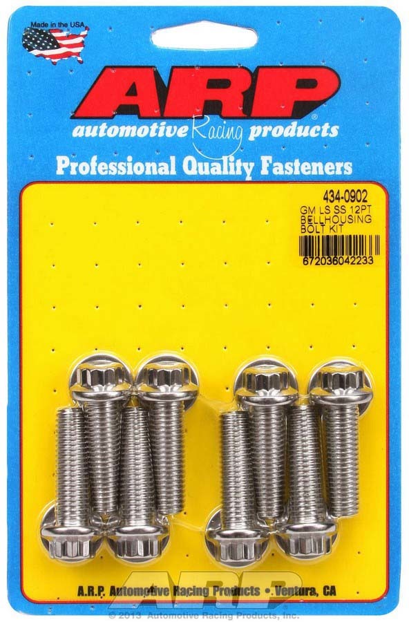 ARP 434-0902 Bellhousing Bolt Kit for GM LS-Series Engines, 10mm x 1.50 Thread, 1.375 Inch Length, 12-Point Head, Stainless Steel, Polished Finish, Set of 8
