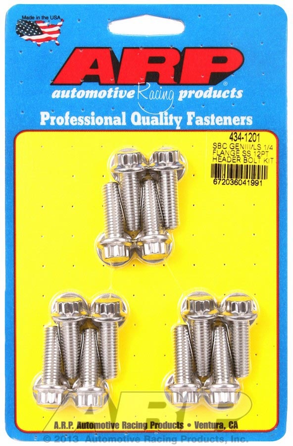 ARP 434-1201 Stainless Steel Header Bolt Kit for GM LS Engines, 8 mm x 1.25 Thread, 0.98 Inch Length, 12-Point Head, Polished Finish, Set of 12