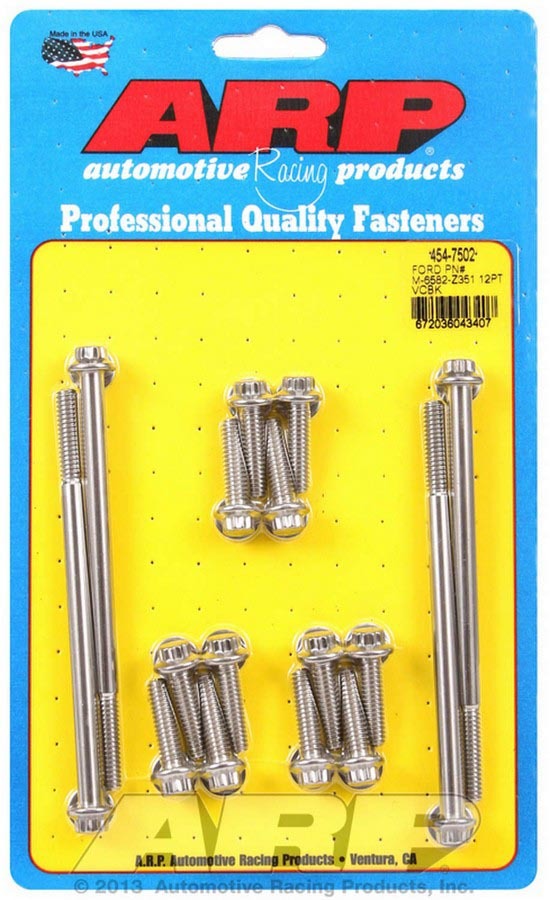 ARP Valve Cover Bolt Kit 454-7502 for Small Block Ford, Stainless Steel, 1/4-20 Thread, 12 Point, Polished Finish, Set of 16