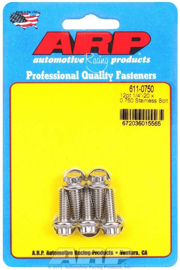 ARP 611-0750 Stainless Steel Bolt Kit, 1/4-20 Thread, 0.75 Inch Length, 12-Point Head, Polished Finish, Set of 5