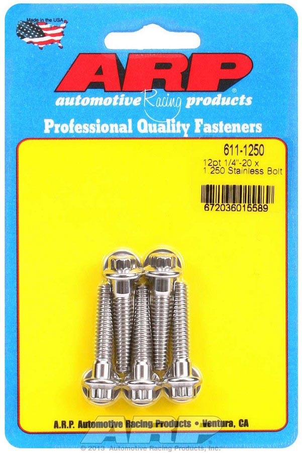 ARP 611-1250 Stainless Steel Hex Head Bolt Kit, 1/4-20 Thread, 1.25 Inch Length, 12-Point Head, Polished Finish, Set of 5