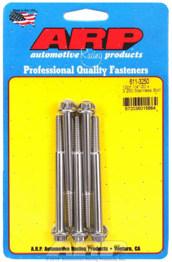 ARP 611-3250 Stainless Steel 1/4-20 x 3.25 Inch Bolt Kit with 12-Point Head, Polished Finish, Set of 5