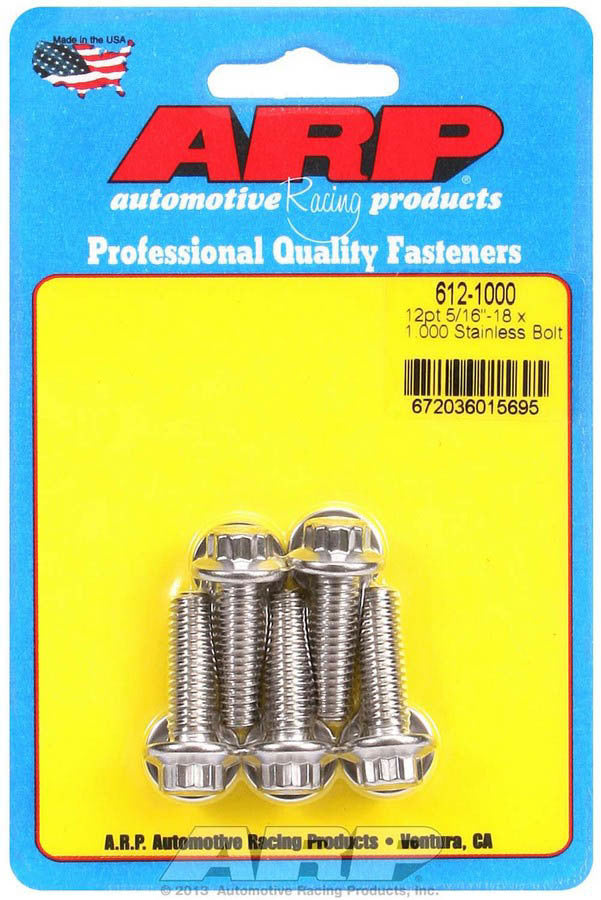 ARP 612-1000 Stainless Steel Bolt Kit, 5/16-18 Thread, 1 Inch Length, 12-Point Head, Polished Finish, Set of 5
