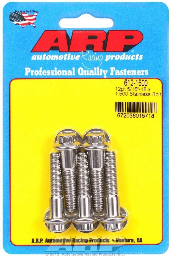 ARP 612-1500 Stainless Steel Bolt Kit, 5/16-18 Thread, 1.5 Inch Length, 12-Point Head, Polished Finish, Set of 5