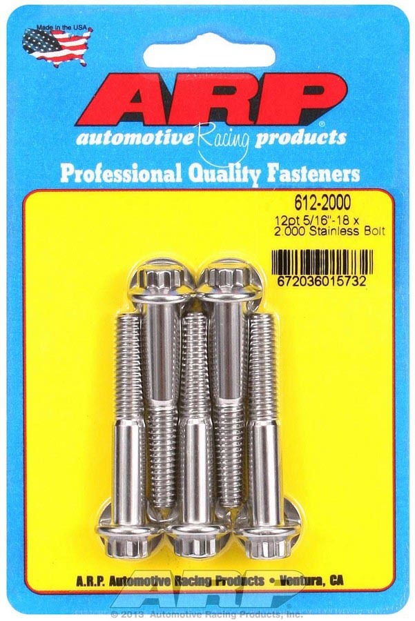ARP 612-2000 Stainless Steel Bolt Kit, 5/16-18 Thread, 2-Inch Length, 12-Point Head, Polished Finish, Set of 5